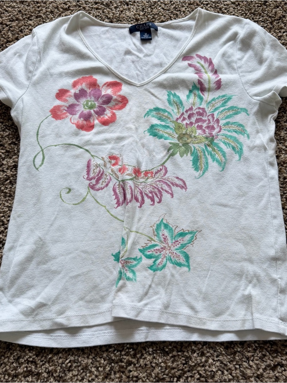 Chaps White V-Neck Tee with Pink and Teal Floral Design